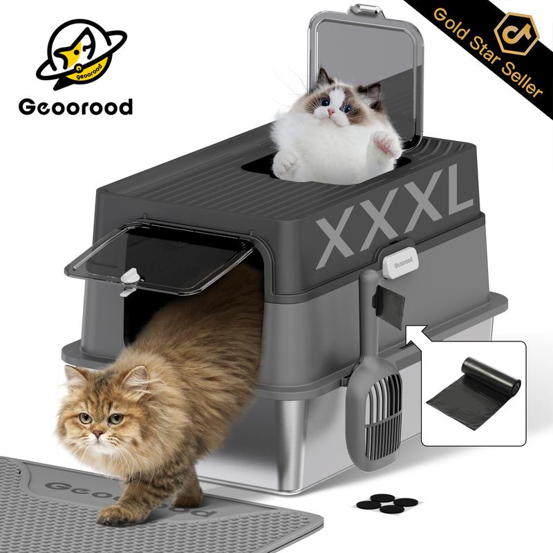 【Geoorood】Geoorood XXL Cat Litter Box Stainless Steel 20L with Lid,  XL Large Metal Litter Box High Sided Design,Anti-Urine Leakage, Include Cat Mat & Litter Scoop, NeverAbsorbsOdors, EasyCleaning, Non-Sticky#TikTokShopBlackFriday&CyberMonday