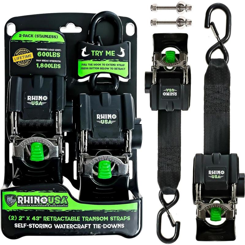 Rhino USA Retractable Boat Trailer Tie Down Straps 2PK – Durable (2in x 43in) Trailer Mount Transom Straps for Boat, Jet Ski – Stainless Steel – Salt Water Compatible