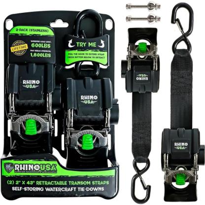 Rhino USA Retractable Boat Trailer Tie Down Straps 2PK – Durable (2in x 43in) Trailer Mount Transom Straps for Boat, Jet Ski – Stainless Steel – Salt Water Compatible