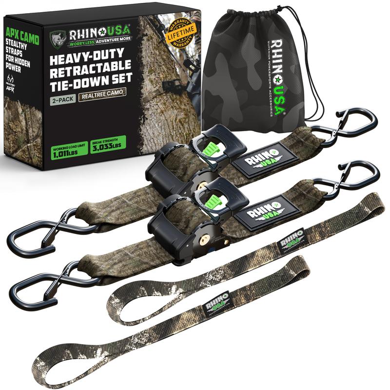 Rhino USA 2" x 10' Retractable Ratchet Straps 2- or 4-Pack - (3,033lb Break Strength) - Heavy Duty Self Retracting Tie Down Straps for Truck, Cargo Trailer