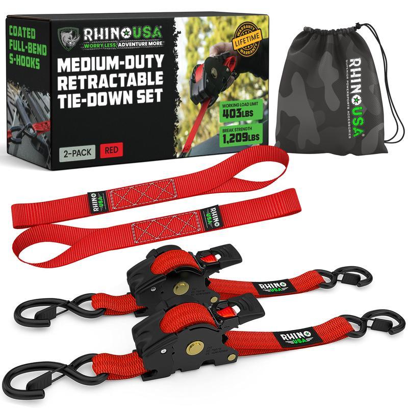 Rhino USA 1" x 10' Retractable Ratchet Straps (select 2 pack or 4 pack) - Medium Duty Self Retracting Tie Down Straps for Truck, Cargo Trailer