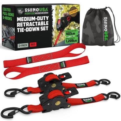 Rhino USA 1" x 10' Retractable Ratchet Straps (select 2 pack or 4 pack) - Medium Duty Self Retracting Tie Down Straps for Truck, Cargo Trailer