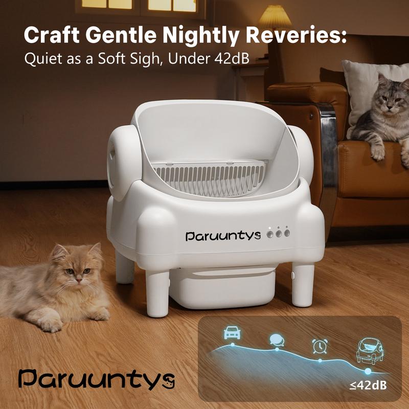 Paruuntys Self Cleaning Cat Litter Box,Open Top Automatic Litter Box with App Control for Multiple Cats, Safety Sensors Protection, Odor Control Includes 2 roll Liners,Large Waste Bin, Cream White