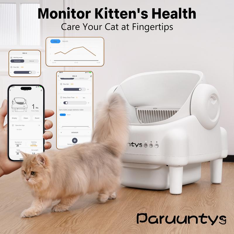 Paruuntys Self Cleaning Cat Litter Box,Open Top Automatic Litter Box with App Control for Multiple Cats, Safety Sensors Protection, Odor Control Includes 2 roll Liners,Large Waste Bin, Cream White