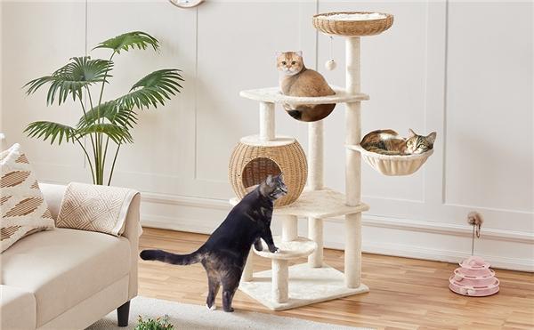 【Christmas Gift】Yaheetech 54in Rattan Cat Tree Tower with Luxury Woven Condo, Clear Bowl, Washable Cushions, and Scratching Posts, Cat Furniture for Indoor Cats