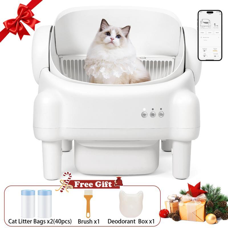 Self Cleaning Cat Litter Box,Open Top Automatic Litter Box with App Control for Multiple Cats, Safety Sensors Protection, Odor Control Includes 2 roll Liners,Large Waste Bin, Cream White
