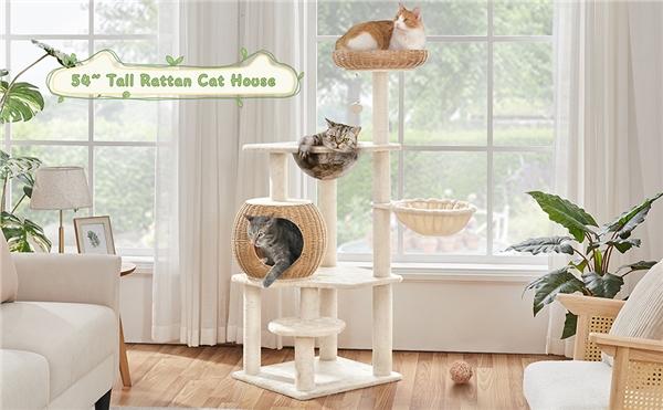 【Christmas Gift】Yaheetech 54in Rattan Cat Tree Tower with Luxury Woven Condo, Clear Bowl, Washable Cushions, and Scratching Posts, Cat Furniture for Indoor Cats