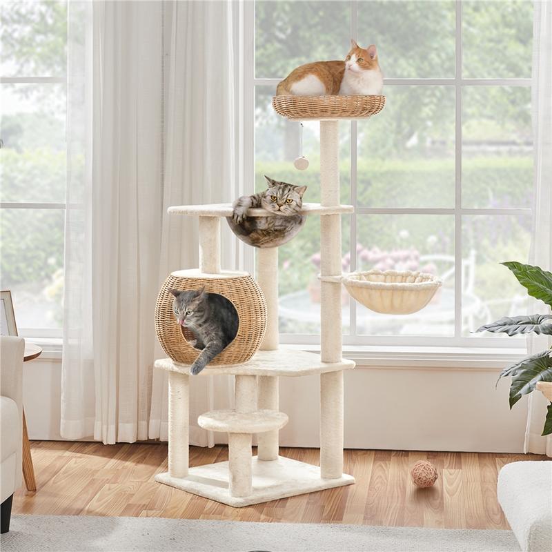 【Christmas Gift】54in Rattan Cat Tree Tower with Luxury Woven Condo, Clear Bowl, Washable Cushions, and Scratching Posts, Cat Furniture for Indoor Cats