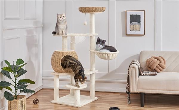 【Christmas Gift】Yaheetech 54in Rattan Cat Tree Tower with Luxury Woven Condo, Clear Bowl, Washable Cushions, and Scratching Posts, Cat Furniture for Indoor Cats