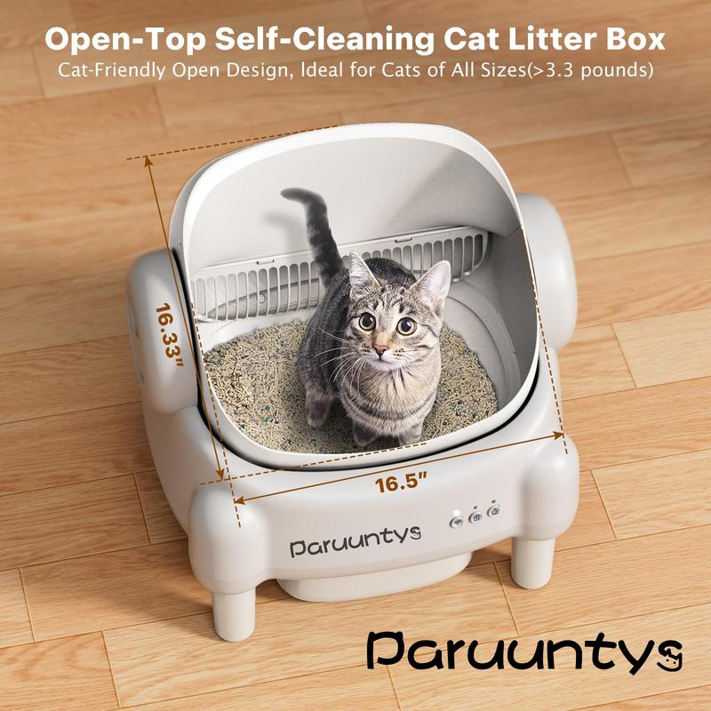 Paruuntys Self Cleaning Cat Litter Box,Open Top Automatic Litter Box with App Control for Multiple Cats, Safety Sensors Protection, Odor Control Includes 2 roll Liners,Large Waste Bin, Cream White