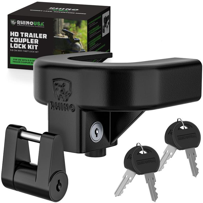 Rhino USA Trailer Hitch Coupler Lock Kit (Choose 2" or 2-5/16" Trailer) Heavy Duty Anti Theft Trailer Coupler Locks for RV, Camper, Trailer, Boat, Caravan - Reinforced Solid Steel Tow Lock for Trailer Tongue