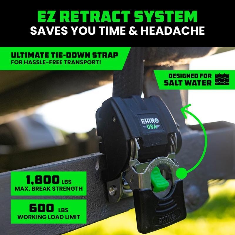 Rhino USA Retractable Boat Trailer Tie Down Straps 2PK – Durable (2in x 43in) Trailer Mount Transom Straps for Boat, Jet Ski – Stainless Steel – Salt Water Compatible