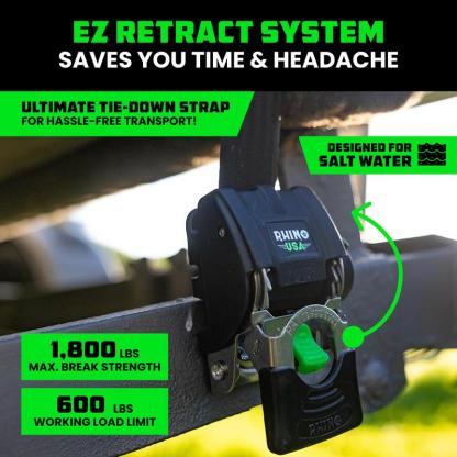 Rhino USA Retractable Boat Trailer Tie Down Straps 2PK – Durable (2in x 43in) Trailer Mount Transom Straps for Boat, Jet Ski – Stainless Steel – Salt Water Compatible