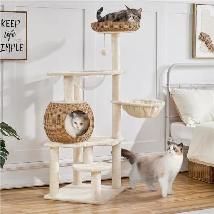 【Christmas Gift】54in Rattan Cat Tree Tower with Luxury Woven Condo, Clear Bowl, Washable Cushions, and Scratching Posts, Cat Furniture for Indoor Cats