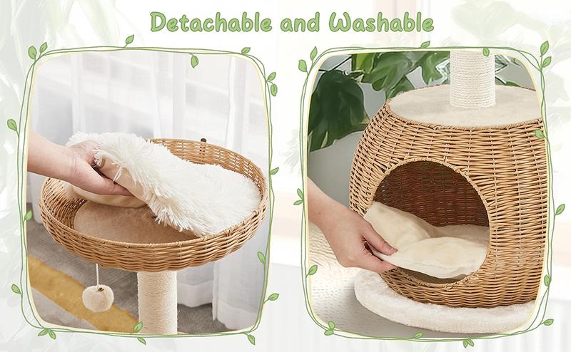 【Christmas Gift】Yaheetech 54in Rattan Cat Tree Tower with Luxury Woven Condo, Clear Bowl, Washable Cushions, and Scratching Posts, Cat Furniture for Indoor Cats