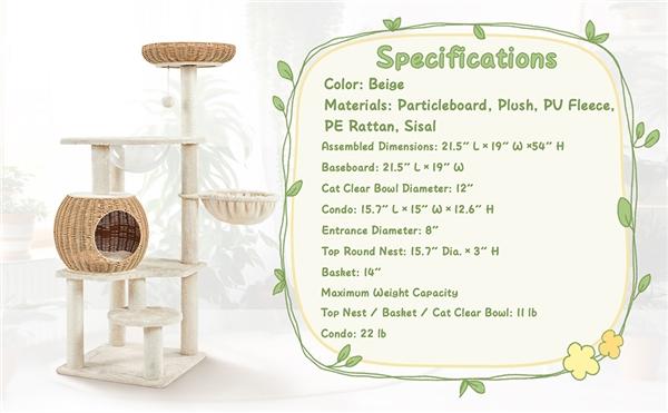 【Christmas Gift】Yaheetech 54in Rattan Cat Tree Tower with Luxury Woven Condo, Clear Bowl, Washable Cushions, and Scratching Posts, Cat Furniture for Indoor Cats