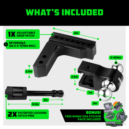 Rhino USA Adjustable Trailer Hitch (2.5-Inch Receiver) - Heavy Duty Aluminum Tow Hitches with 6-Inch Drop/Rise for Truck (18,500 LBS GTW)