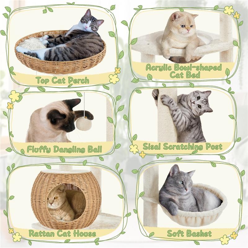 【Christmas Gift】54in Rattan Cat Tree Tower with Luxury Woven Condo, Clear Bowl, Washable Cushions, and Scratching Posts, Cat Furniture for Indoor Cats