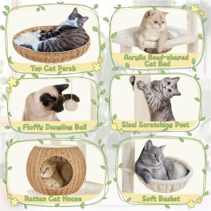 【Christmas Gift】54in Rattan Cat Tree Tower with Luxury Woven Condo, Clear Bowl, Washable Cushions, and Scratching Posts, Cat Furniture for Indoor Cats