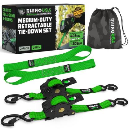 Rhino USA 1" x 10' Retractable Ratchet Straps (select 2 pack or 4 pack) - Medium Duty Self Retracting Tie Down Straps for Truck, Cargo Trailer