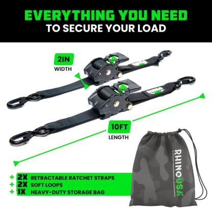 Rhino USA 2" x 10' Retractable Ratchet Straps 2- or 4-Pack - (3,033lb Break Strength) - Heavy Duty Self Retracting Tie Down Straps for Truck, Cargo Trailer