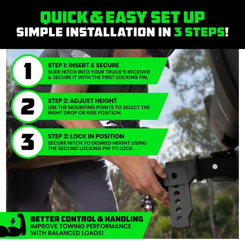 Rhino USA Adjustable Trailer Hitch 2 inch Receiver - Heavy Duty Aluminum Drop Hitch with 12,500lb GTW Towing Capacity for Hauling Heavy Trucks, RV, Trailer, Camper