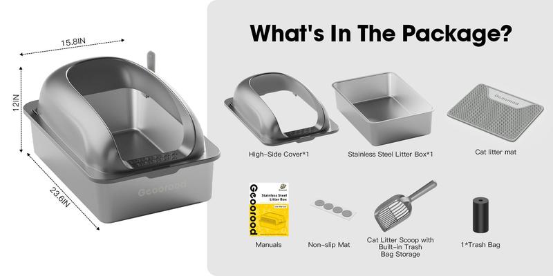 【Geoorood】Geoorood XXL Cat Litter Box Stainless Steel 20L with Lid,  XL Large Metal Litter Box High Sided Design,Anti-Urine Leakage, Include Cat Mat & Litter Scoop, NeverAbsorbsOdors, EasyCleaning, Non-Sticky#TikTokShopBlackFriday&CyberMonday