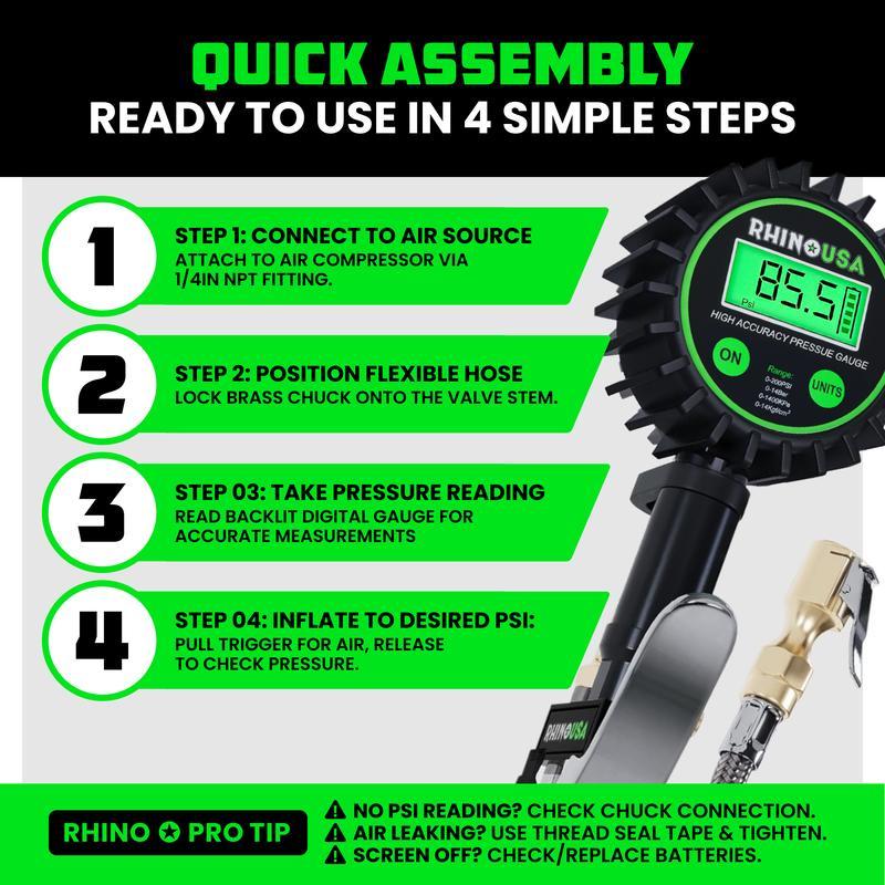 Rhino USA Digital Tire Pressure Gauge with Inflator (0-200 PSI) - Heavy Duty Air Chuck and Compressor Accessories ANSI Grade B40.1 Accuracy Pump Performance
