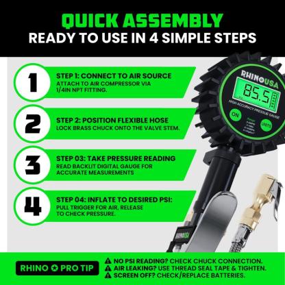 Rhino USA Digital Tire Pressure Gauge with Inflator (0-200 PSI) - Heavy Duty Air Chuck and Compressor Accessories ANSI Grade B40.1 Accuracy Pump Performance