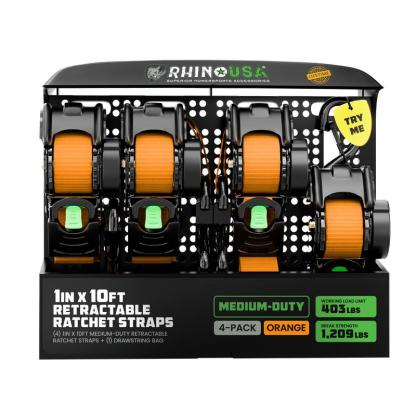 Rhino USA 1" x 10' Retractable Ratchet Straps (select 2 pack or 4 pack) - Medium Duty Self Retracting Tie Down Straps for Truck, Cargo Trailer