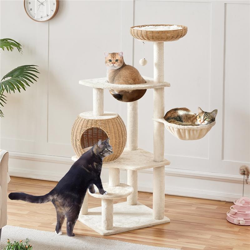 【Christmas Gift】54in Rattan Cat Tree Tower with Luxury Woven Condo, Clear Bowl, Washable Cushions, and Scratching Posts, Cat Furniture for Indoor Cats