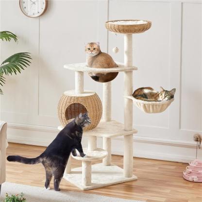 【Christmas Gift】54in Rattan Cat Tree Tower with Luxury Woven Condo, Clear Bowl, Washable Cushions, and Scratching Posts, Cat Furniture for Indoor Cats