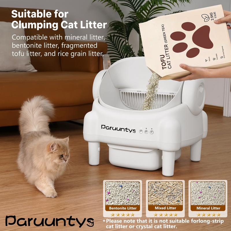 Paruuntys Self Cleaning Cat Litter Box,Open Top Automatic Litter Box with App Control for Multiple Cats, Safety Sensors Protection, Odor Control Includes 2 roll Liners,Large Waste Bin, Cream White
