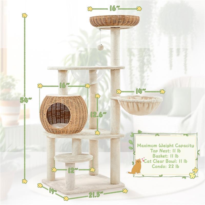 【Christmas Gift】54in Rattan Cat Tree Tower with Luxury Woven Condo, Clear Bowl, Washable Cushions, and Scratching Posts, Cat Furniture for Indoor Cats