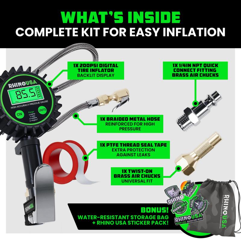 Rhino USA Digital Tire Pressure Gauge with Inflator (0-200 PSI) - Heavy Duty Air Chuck and Compressor Accessories ANSI Grade B40.1 Accuracy Pump Performance