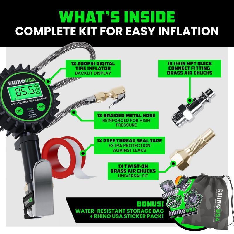 Rhino USA Digital Tire Pressure Gauge with Inflator (0-200 PSI) - Heavy Duty Air Chuck and Compressor Accessories ANSI Grade B40.1 Accuracy Pump Performance