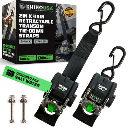 Rhino USA Retractable Boat Trailer Tie Down Straps 2PK – Durable (2in x 43in) Trailer Mount Transom Straps for Boat, Jet Ski – Stainless Steel – Salt Water Compatible