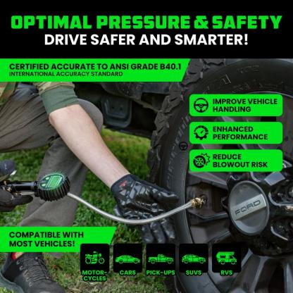 Rhino USA Digital Tire Pressure Gauge with Inflator (0-200 PSI) - Heavy Duty Air Chuck and Compressor Accessories ANSI Grade B40.1 Accuracy Pump Performance