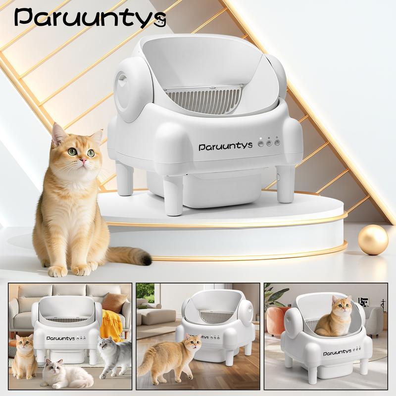 Paruuntys Self Cleaning Cat Litter Box,Open Top Automatic Litter Box with App Control for Multiple Cats, Safety Sensors Protection, Odor Control Includes 2 roll Liners,Large Waste Bin, Cream White