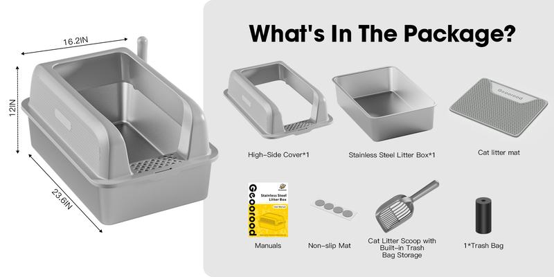 【Geoorood】Geoorood XXL Cat Litter Box Stainless Steel 20L with Lid,  XL Large Metal Litter Box High Sided Design,Anti-Urine Leakage, Include Cat Mat & Litter Scoop, NeverAbsorbsOdors, EasyCleaning, Non-Sticky#TikTokShopBlackFriday&CyberMonday