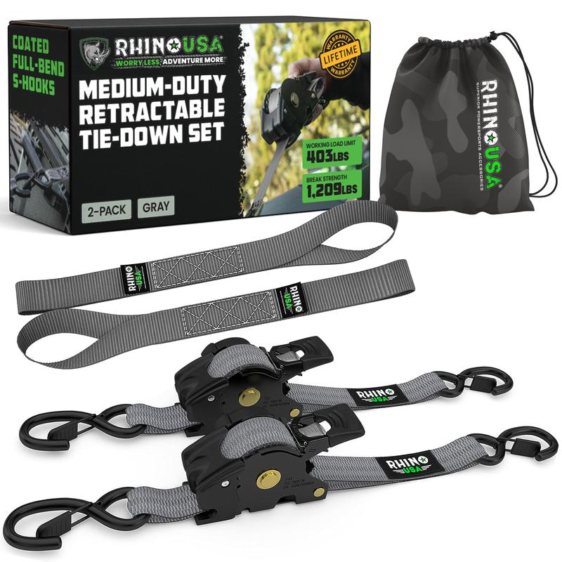 Rhino USA 1" x 10' Retractable Ratchet Straps (select 2 pack or 4 pack) - Medium Duty Self Retracting Tie Down Straps for Truck, Cargo Trailer