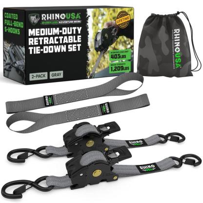 Rhino USA 1" x 10' Retractable Ratchet Straps (select 2 pack or 4 pack) - Medium Duty Self Retracting Tie Down Straps for Truck, Cargo Trailer