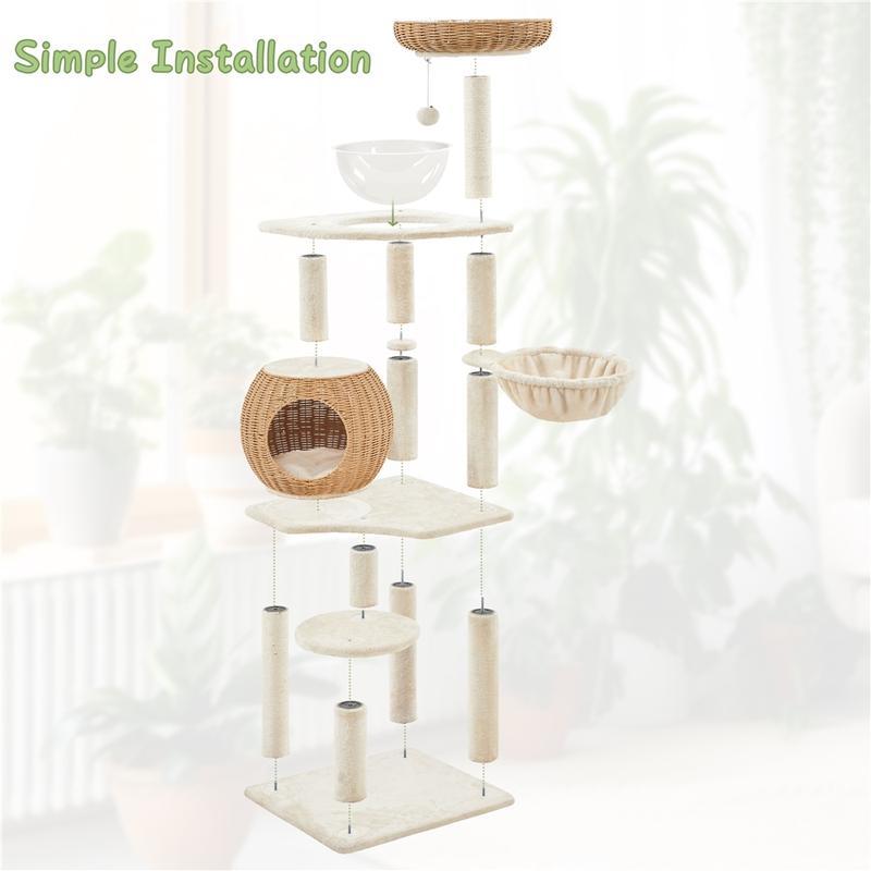 【Christmas Gift】54in Rattan Cat Tree Tower with Luxury Woven Condo, Clear Bowl, Washable Cushions, and Scratching Posts, Cat Furniture for Indoor Cats