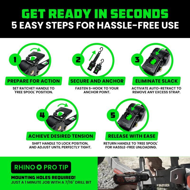 Rhino USA Retractable Boat Trailer Tie Down Straps 2PK – Durable (2in x 43in) Trailer Mount Transom Straps for Boat, Jet Ski – Stainless Steel – Salt Water Compatible