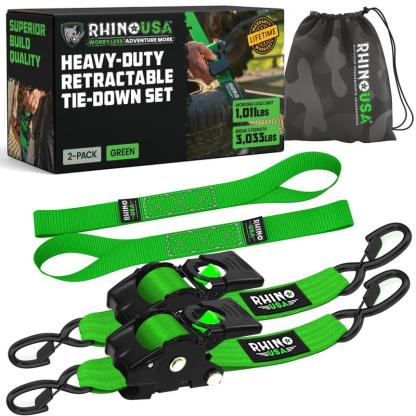 Rhino USA 2" x 10' Retractable Ratchet Straps 2- or 4-Pack - (3,033lb Break Strength) - Heavy Duty Self Retracting Tie Down Straps for Truck, Cargo Trailer