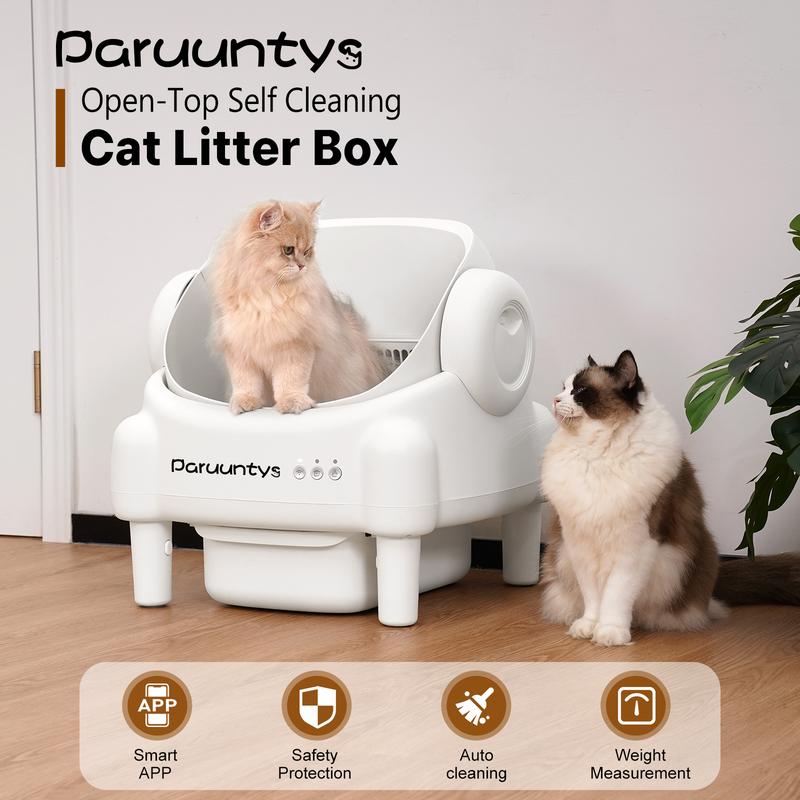 Paruuntys Self Cleaning Cat Litter Box,Open Top Automatic Litter Box with App Control for Multiple Cats, Safety Sensors Protection, Odor Control Includes 2 roll Liners,Large Waste Bin, Cream White