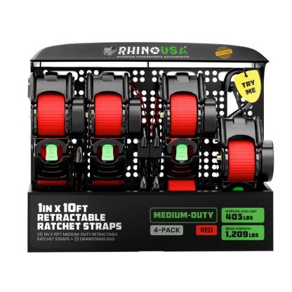 Rhino USA 1" x 10' Retractable Ratchet Straps (select 2 pack or 4 pack) - Medium Duty Self Retracting Tie Down Straps for Truck, Cargo Trailer