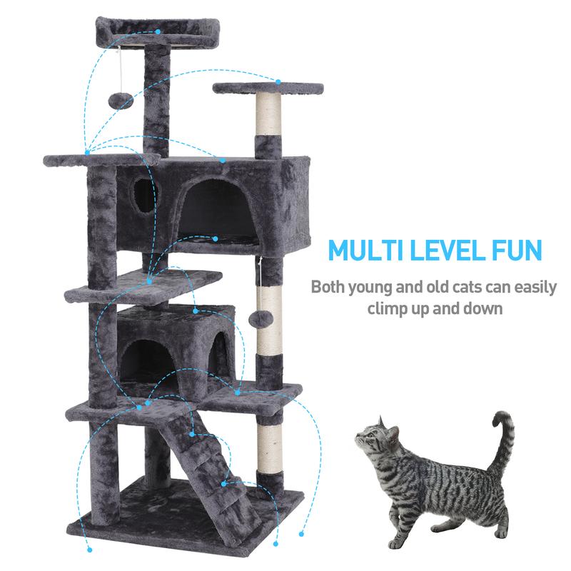 55" Multi-Tier Cat Tree Condo with Plush Perches, Sisal Scratching Posts, and 2 Cozy Hideaways