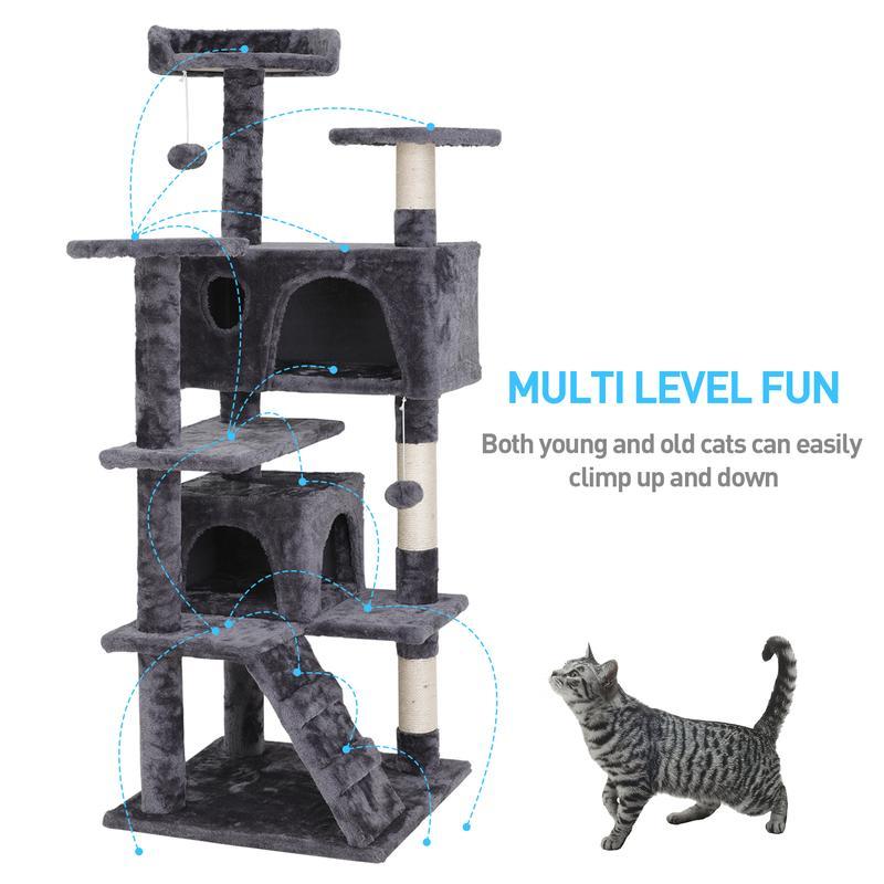 55" Multi-Tier Cat Tree Condo with Plush Perches, Sisal Scratching Posts, and 2 Cozy Hideaways