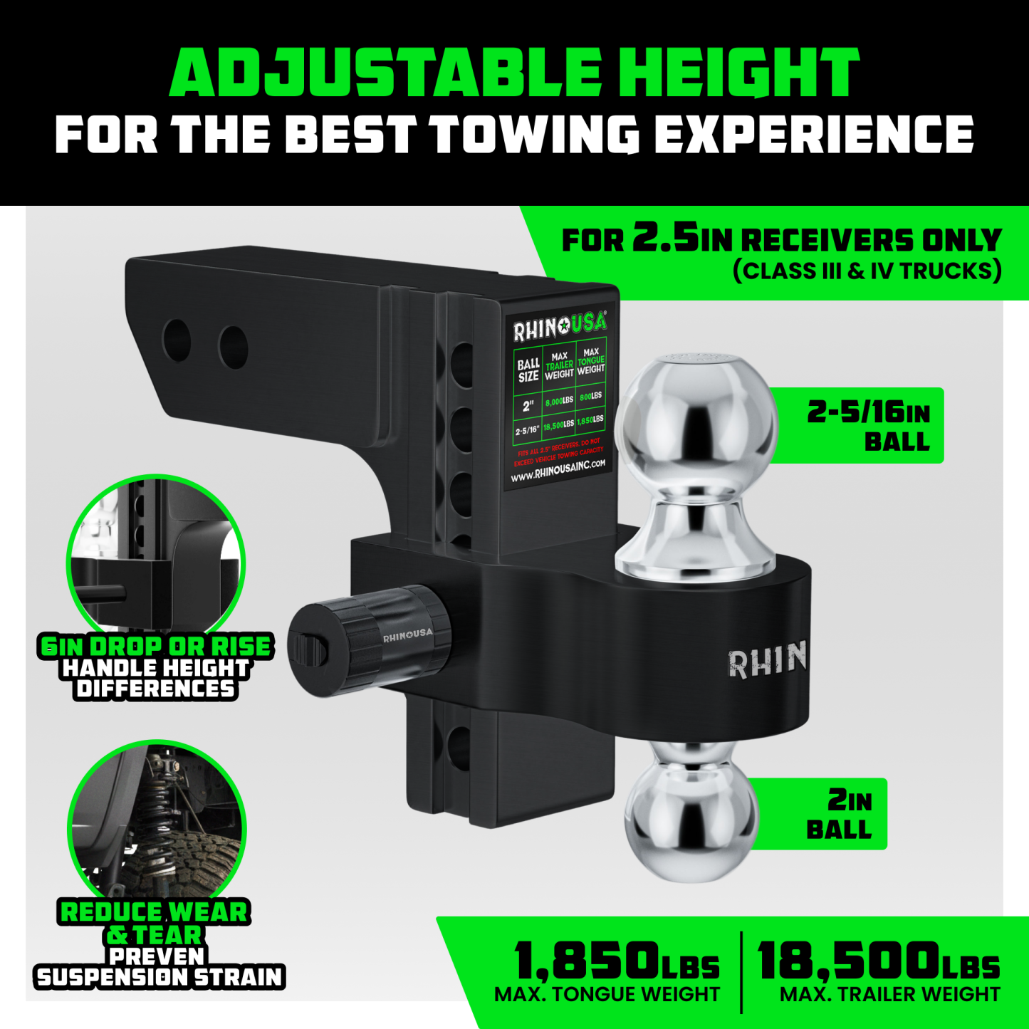 Rhino USA Adjustable Trailer Hitch (2.5-Inch Receiver) - Heavy Duty Aluminum Tow Hitches with 6-Inch Drop/Rise for Truck (18,500 LBS GTW)